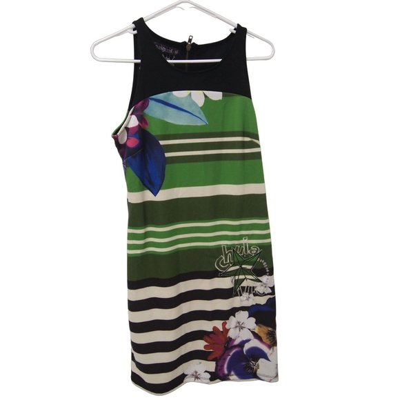 Desigual Womens Dress M Chula Knit Bodycon Striped Green Floral Sleeveless - Picture 1 of 6
